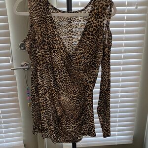 Leopard Print Cold Shoulder Long Sleeve Women's Top